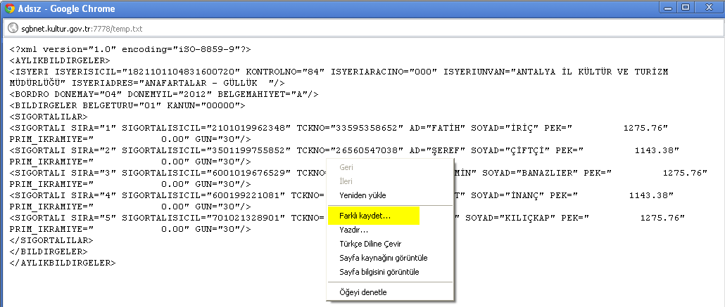 İşlem onaylandıktan sonra XML dosyası hazırlanarak ekrana getirilir.