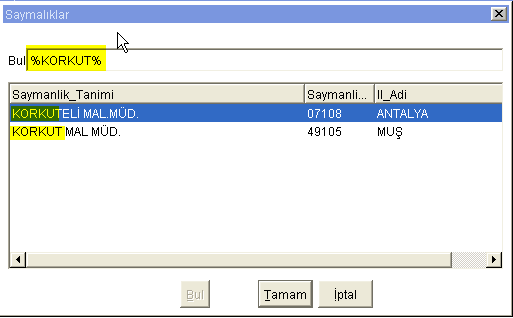 % işareti eğer kelimenin başına konmuşsa örneğin %KORKUT gibi bu başı herhangi bir şeyle başlayan fakat sonu KORKUT ile biten bütün kayıtları getirir.