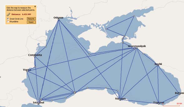 ORSAM Karadeniz in doğu ile batı arasında da gemi trafiği olduğu görülmektedir. Romanya nın Köstence limanı ile Türkiye nin Samsun ve Trabzon limanlarında petrol ürünü taşınmaktadır.