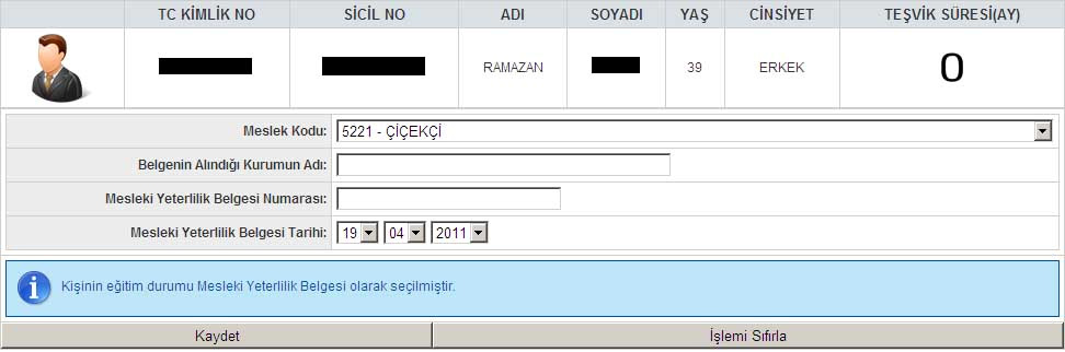 2.5. İşlemi Sıfırla: Bu düğme seçildiği zaman ilgili kişi için yapılan işlemler sıfırlanacak ve sihirbazın ilk adımına geçilecektir. Sihirbazın her adımında bu düğme aynı işlevi görmektedir. 5.