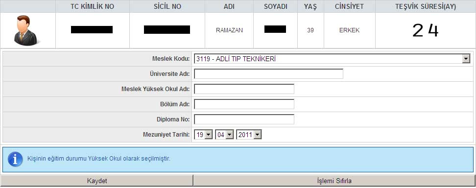 2.3.3. Yüksek Okul: Bu düğme seçilince sigortalının sahip olduğu yüksek okul belgesine ait bilgilerin girileceği ekran görüntülenecektir.