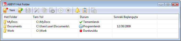 Ana Pencere Görev Oluşturma Görev Özelliklerini Değiştirme Sonuç Günlüğü ABBYY Hot Folder'i Yükleme ve Başlatma Varsayılan olarak ABBYY Hot Folder, bilgisayarınıza ABBYY FineReader 10 ile birlikte