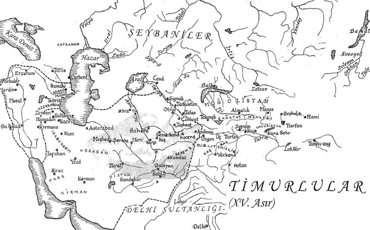 130 Orta Asya Türk Tarihi Harita 7.1 XV. as rda Timurlular ülkesinin da l m. Kaynak: R. Grousset, The Empire of the Steppes, New Brunswick, 1970. vet mektuplar gönderiliyordu.