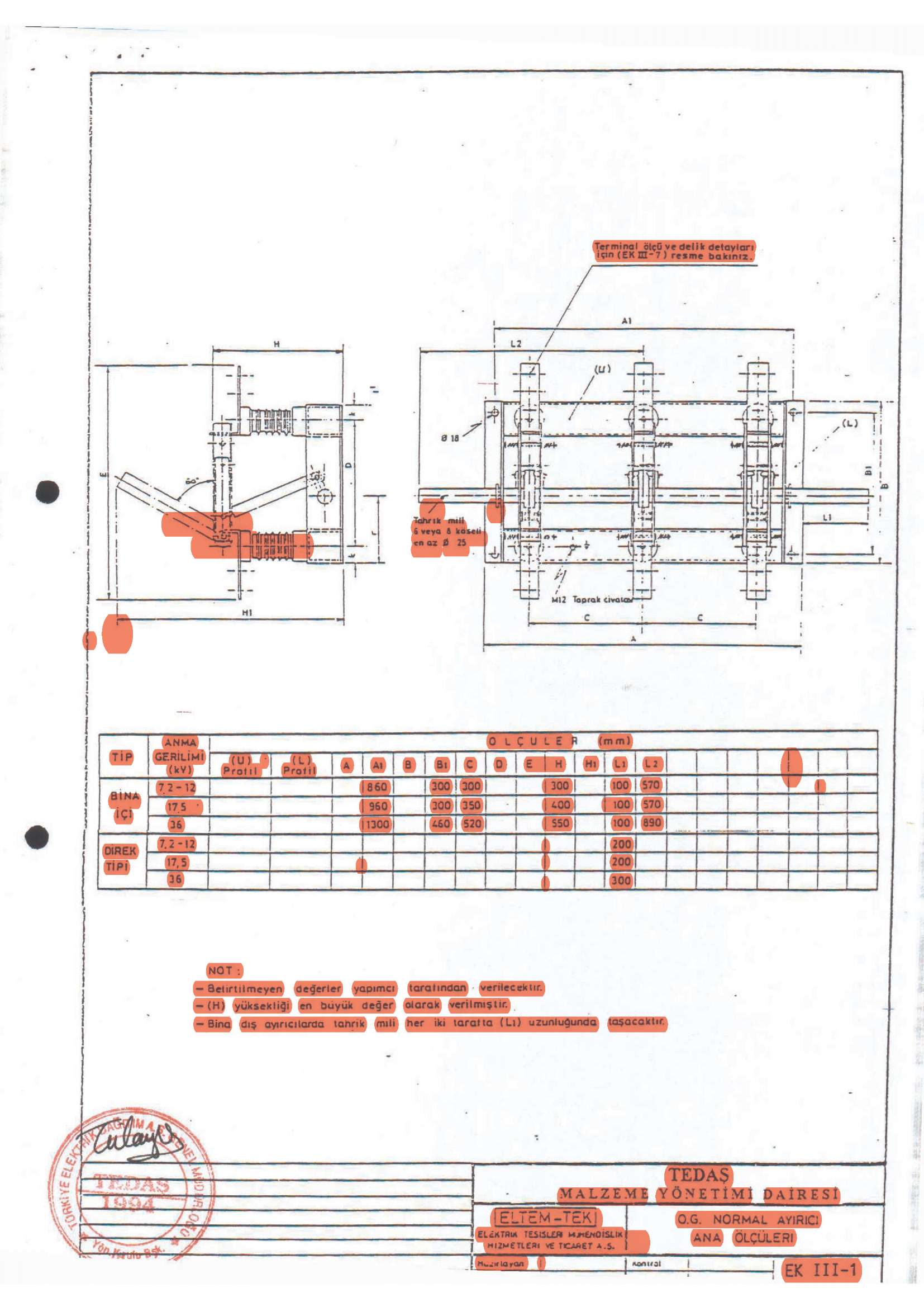 1 i Terminal ölçü ve delik detayları İtin (EK m-7 ) resme bakınız. TİP GERİLİMİ ANMA 0 L Ç U L R (mrrı) (fcv) Prot (U) i ip Protli İL) A 1A, B İt 0 E 1 H H.