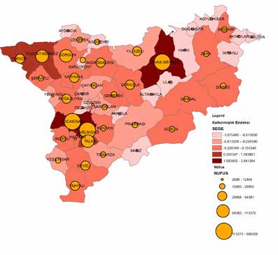 Sivas ta görece yoğun olarak görülmektedir. Kalkınmışlık 1. seviyesine, Kayseri ilinden merkez ilçeler olan Melikgazi ve Kocasinan, Sivas ilinden de Sivas Merkez ilçesi girmiştir. 2.