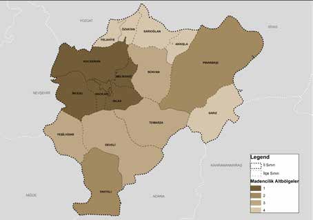 Kayseri İli Metalik Madenler Yoğunluk Haritası Ve Standart Sapma Elipsi Yukarıdaki analiz ve değerlendirmelerin sonucunda Kayseri ili madencilik sektörü ile ilgili 4 farklı alt bölge belirlenmiştir