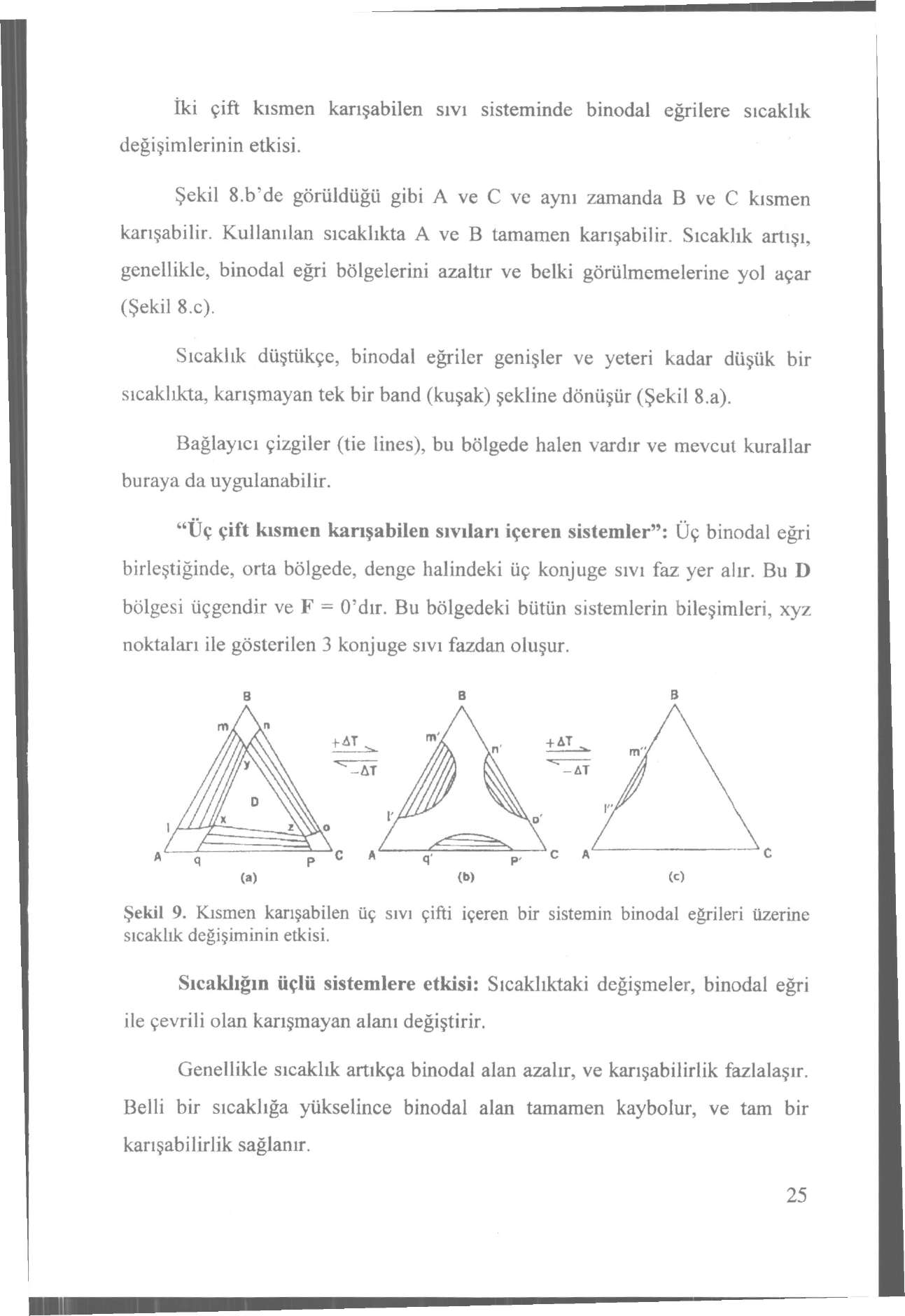 İki çift kısmen karışabilen sıvı sisteminde binodal eğrilere sıcaklık değişimlerinin etkisi. Şekil 8.b'de görüldüğü gibi A ve C ve aynı zamanda B ve C kısmen karışabilir.