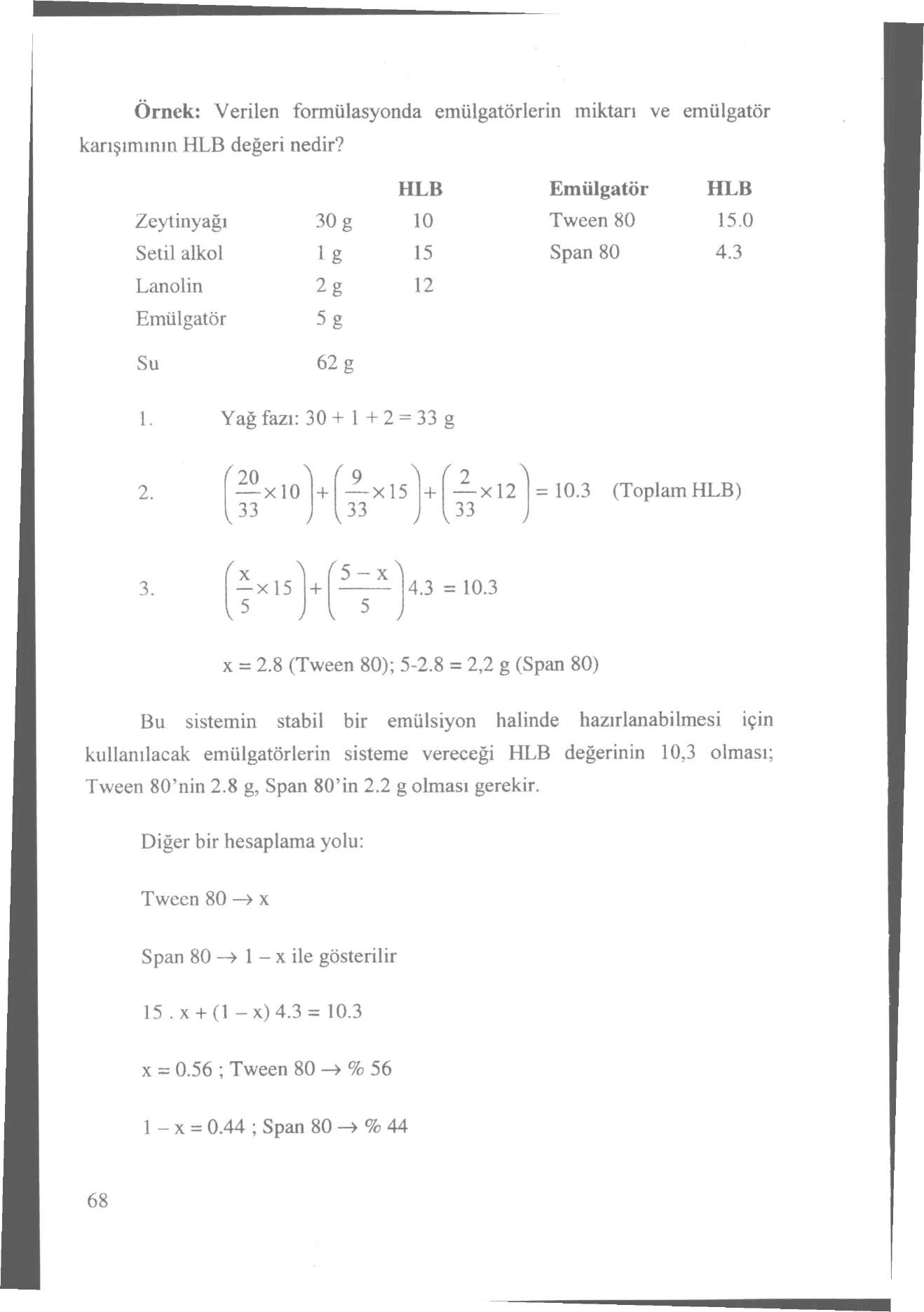 Örnek: Verilen formülasyonda emülgatörlerin miktarı ve emülgatör karışımının HLB değeri nedir? HLB Emülgatör HLB Zeytinyağı 30 g 10 Tvveen 80 15.0 Setil alkol ig 15 Span 80 4.
