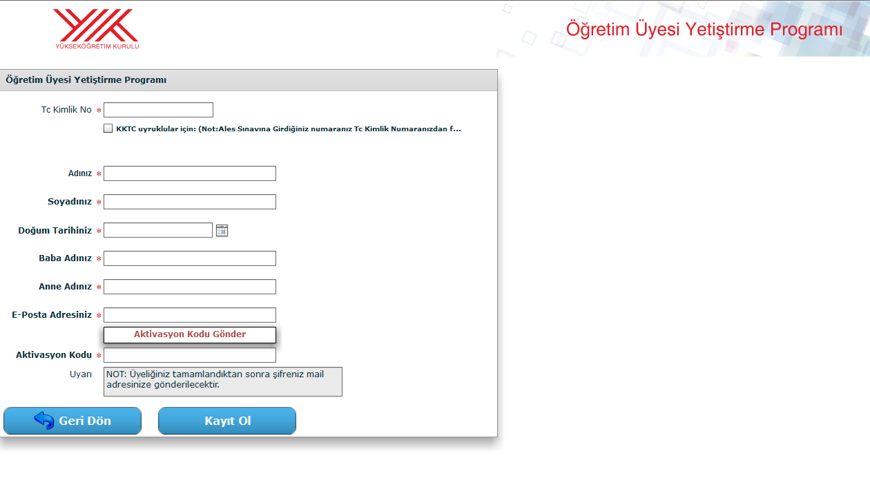 Sisteme kayıt olan ÖYP araştırma görevlilerinin kullanıcı şifreleri sisteme girişte belirttikleri mail adreslerine