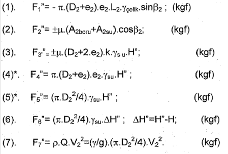 Bu kuvvetlerden bir kısmı diğerlerinin yanında çok küçüktür; büyük olanlara (*) işareti konmuştur; buna göre memba ve mansap taraflara etkiyen kuvvetler: F = F 1 + F 2 + F 3 + F 4 ; F = F 4 + F 5 ve