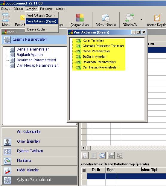 Not: Çalışma alanı üzerinde girilen ve düzenlenen Kural tanımları, otomatik paketleme tanımları,genel parametreler, Bağlantı Ayarları, Döküman Parametreleri ve Cari Hesap parametrelerinin her çalışma