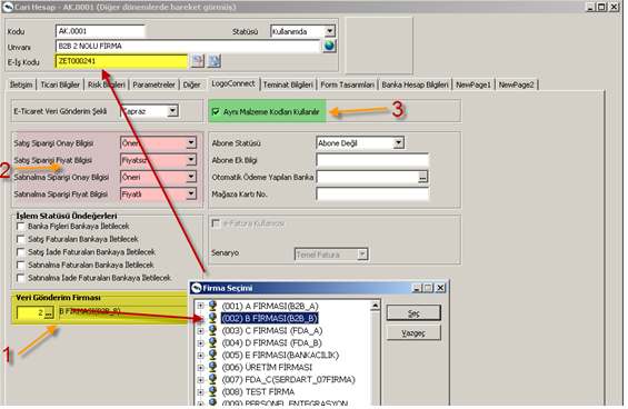 Eklenen Cari hesap kartı LogoConnect tabında; 1 Veri Gönderim Firması alanında aktarım yapılacak firma seçilmeli, veri gönderim firması seçildiğinde L_CAPIFIRM tablosundaki LOGOID alanındaki firmaya
