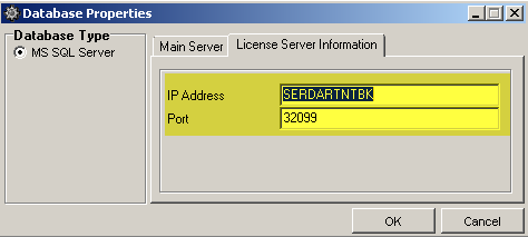 Database Properties ekranındaki License Server Information tabında Ticari sistem veri tabanı ayarlarında