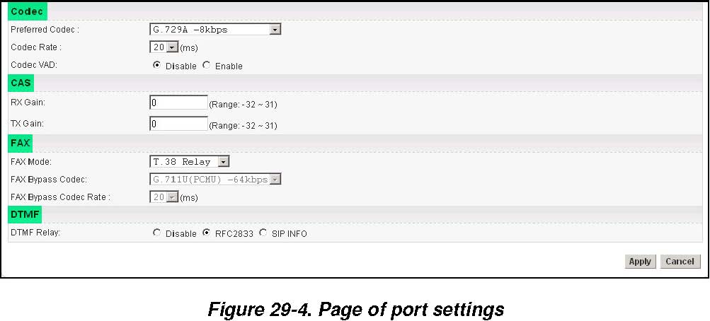 Konfigürasyondan sonra ayarları kaydetmek için Apply a tıklayın. Adım 4 Port2~Port8 i tek tek ayarlayın. Type Port1~Port4 FXS, Port5~Port8 FXO. Active Port1~Port8 in tamamı actif ( =Enable).