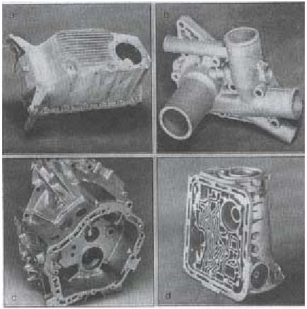Alüminyum döküm yöntemiyle üretilen bazı otomobil parçaları Alüminyum döküm yöntemiyle üretilen bazı otomobil parçaları a)yağ karteri, b) su pompası kutusu, c) debriyaj kutusu, d) otomatik vites