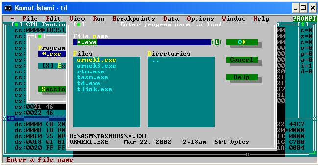 Turbo Debugger açıldıktan sonra "File" menüsünden derlediğiniz program dosyasını açıp kodlarını inceleyebilirsiniz.