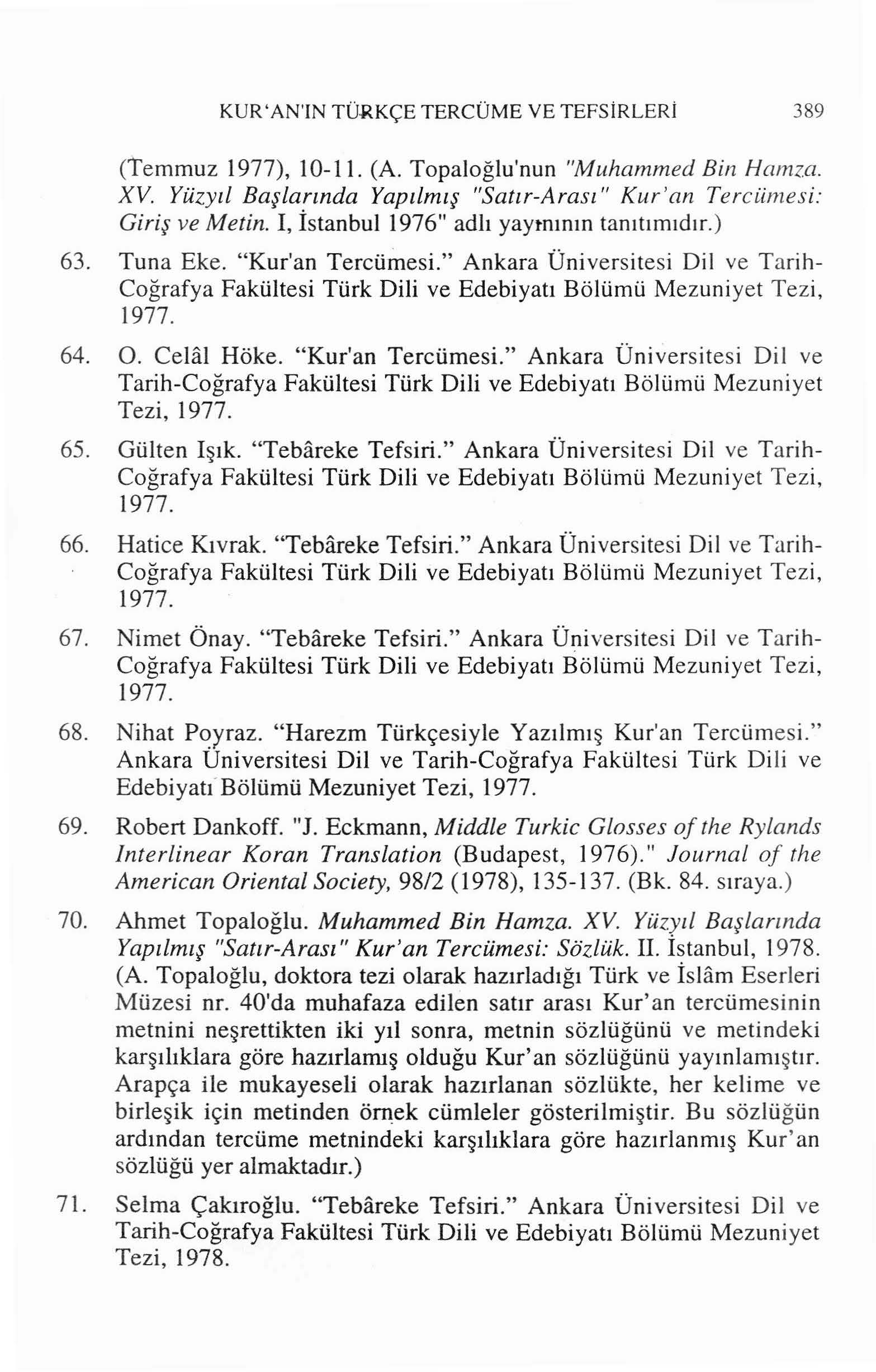 KUR'AN'IN TÜ-RKÇE TERCÜME VE TEFSİRLERİ 389 (Temmuz 1977), 10-11. (A. TopaJoğlu'nun "Muhammed Bin Hamza. XV. Yüzyıl Başlarında Yapılmış "Satır-Arası" Kur 'an Tercümesi: Giriş ve Metin.
