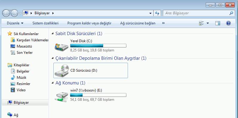Şekil 2. 22 Bilgisayarım penceresi Sabit Disk Sürücüleri: Bilgisayarda yüklü olan tüm sabit disk, cd/dvd ve harici depolama birimleri bu grup altında görülebilir.