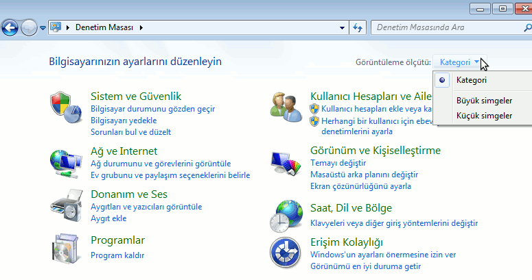 Bilgisayarda yüklü olan tüm aygıtlarla ilgili seçeneklere denetim masasından ulaşılır.