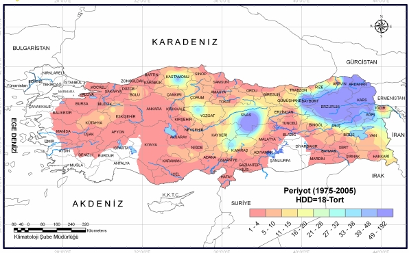 Şekil 7. Uzun yıllar Eylül ayı ısıtma gün-dereceleri toplamı Uzun yıllar Eylül ayında en fazla ısıtma gereksinimi Sivas, Erzurum, Kars ve Ardahan civarında Şekil 8.