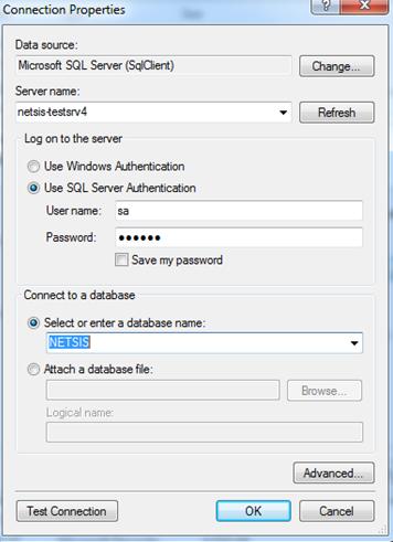Açılan ekranda, sunucu ismini (server name), veri tabanına bağlantı için kullanıcı ismi (user name) ve şifresini (password) giriniz.