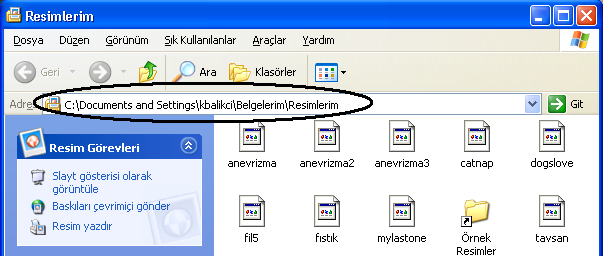 2.6.9. Resimlerim Bu seçenek, belgelerim klasörü içerisindeki resimlerim klasörünü direkt açan bir kısayoldur. Burada örnek resimler isimli kısayol sayesinde C:\Documents and Settings\All Users.