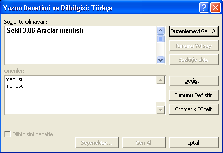 88 Yazım denetimi ve dilbilgisi Seçili olan metinde üst bilgi, alt bilgi, dip not, son