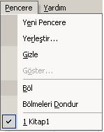 Pencere Menüsü Şekil 4.27: Pencere Menüsü Yeni Pencere: İçeriği etkin pencereyle aynı olan yeni bir pencere açarak bir dosyanın değişik kısımlarını aynı anda görebilmenizi sağlar.