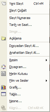 Film ve:sesler : Hareketli görüntülerin ve seslerin slaytlara eklenmesini sağlar. Grafik : Microsoft Graph programı yardımıyla seçili slayt üzerine grafiklerin eklenmesini sağlar.