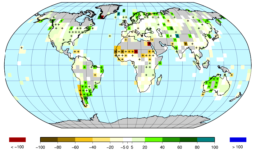 Kaynak: IPCC, 2007 Şekil 3.3-1901 2005 Dönemi Yıllık Yağış Toplamlarındaki Eğilimler (%/Yüzyıl). İstatistiksel olarak anlamlı olanlar + işareti ile gösterilmektedir.