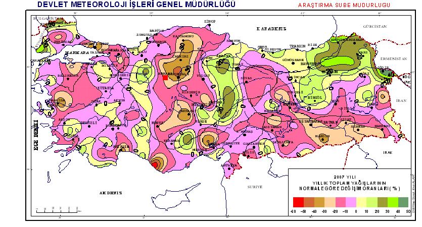 Şekil 3.17-2007 Yılı Türkiye Meteorolojik Kuraklık Haritası Şekil 3.18-Türkiye 2007 Yılı Toplam Yağışların 1971-2000 Dönemi Normaline Göre Yüzde Değişim Oranları.