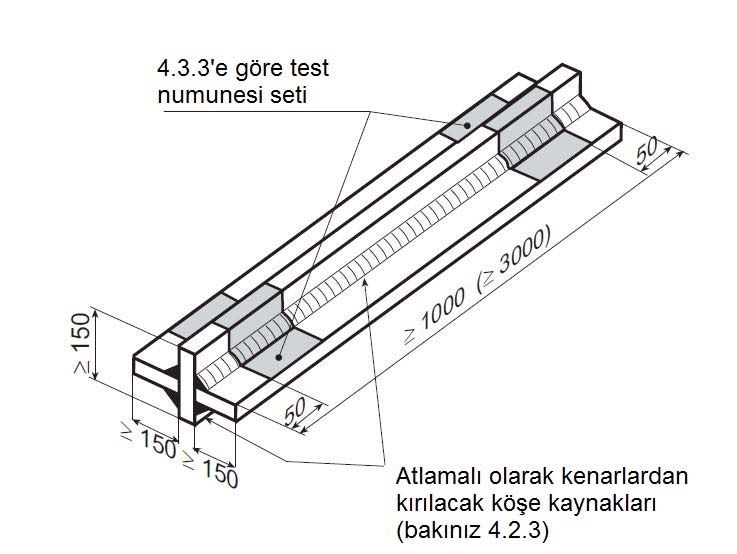 8 Elle ya da yarı mekanik kaynak yöntemleri için çift T birleşimi (çapraz) test parçası - Kırılma testi, kalan test parçası taraflarından şaşırtmalı olarak alınacaktır (bakınız 4.3.3.6).