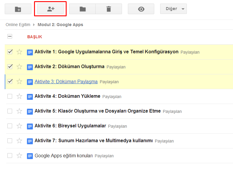 3. Doküman Paylaşma Google Drive, dosyaların, klasörlerin ve Google Dokümanların diğer kişilerle istenilen erişim düzeyinde paylaşılmasına olanak tanır.