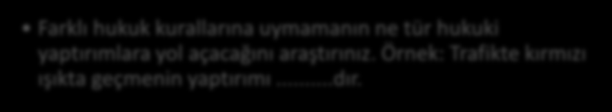 Bireysel Etkinlik Hukuk Kavramı Farklı hukuk kurallarına uymamanın ne tür hukuki yaptırımlara yol açacağını araştırınız. Örnek: Trafikte kırmızı ışıkta geçmenin yaptırımı...dır.