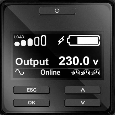 Smart-UPS On-Line Ekranı Fonksiyonel ve kullanımı kolay LCD birden fazla dilde net ve doğru bilgiler verir Standart Özellikler LCD