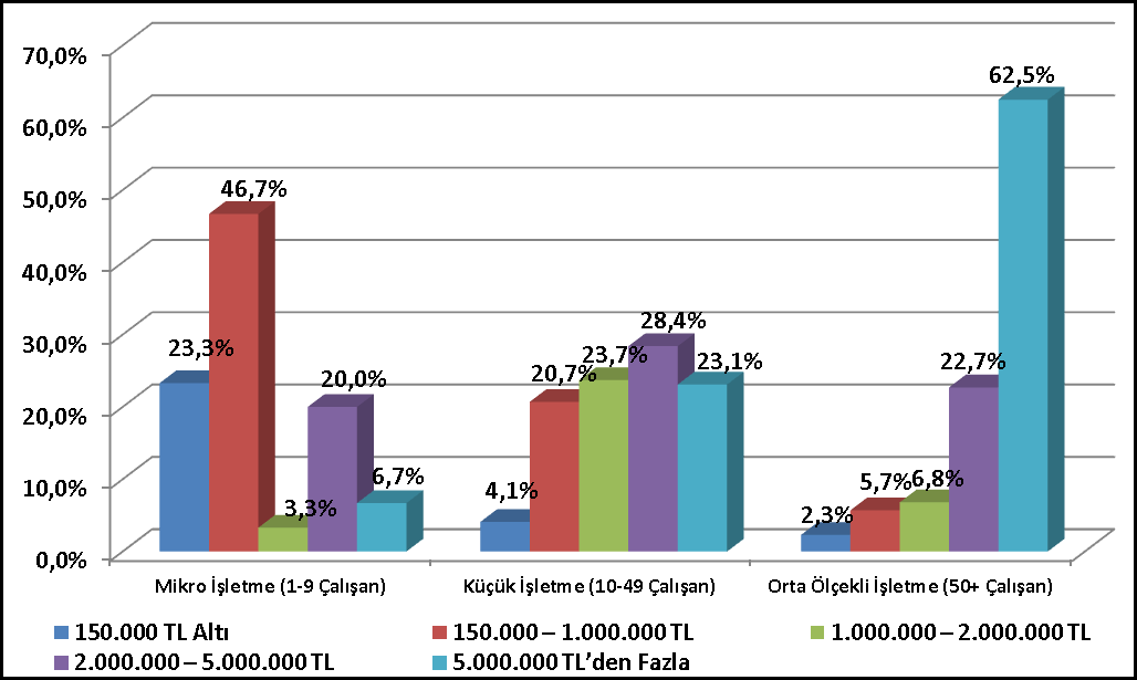 İşletmelerin Çalışan Sayılarına Göre Yıllık Ciroları Yıllık Ciro Mikro İşletme (1- Küçük İşletme Orta Ölçekli İşletme 9 Çalışan) (10-49 Çalışan) (50+ Çalışan) İşletme İşletme İşletme Yüzde Yüzde