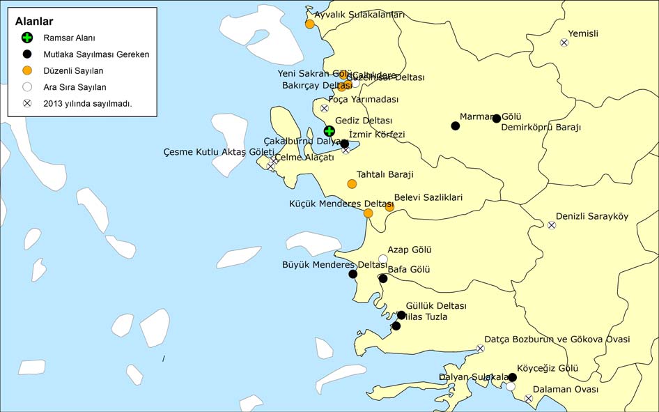 TÜRKİYE KIŞ ORTASI SU KUŞU SAYIMLARI 213 Ege Bölgesi Alan Adı Sayım Tarihi Ekip sayısı Nokta Sayısı Rüzgar şiddeti Rüzgar yönü Görüş mesafesi Sıcaklık ( C) Bulutluluk (%) Buzlanma (%) Çevrede kar %