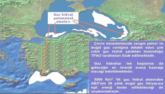 Doğu Akdeniz de Deniz Yetki Alanlarının Paylaşılması Sorunu ve Türkiye bulduğunun belirtildiği alanlar ile aşağıdaki haritada gaz hidrat bulunduğunu gösteren alanların birbiri ile örtüşüyor olması