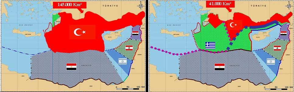 Doğu Akdeniz de Deniz Yetki Alanlarının Paylaşılması Sorunu ve Türkiye Şekil-3 Türkiye nin 145.000 km² lik Muhtemel Asgari MEB i ve GKRY- Yunanistan İkilisinin Türkiye İçin Öngördüğü 41.