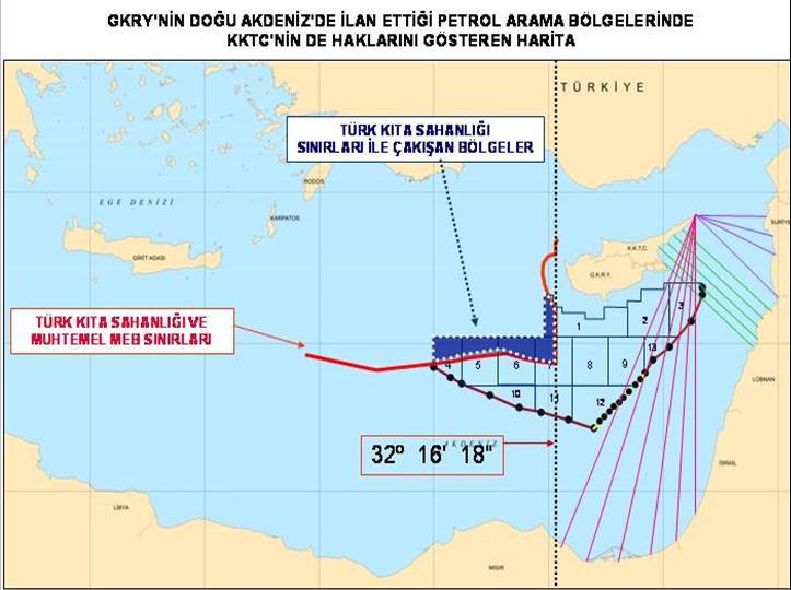 Doğu Akdeniz de Deniz Yetki Alanlarının Paylaşılması Sorunu ve Türkiye bulunmaktadır. Bu durumda aşağıdaki haritada da yer aldığı üzere.