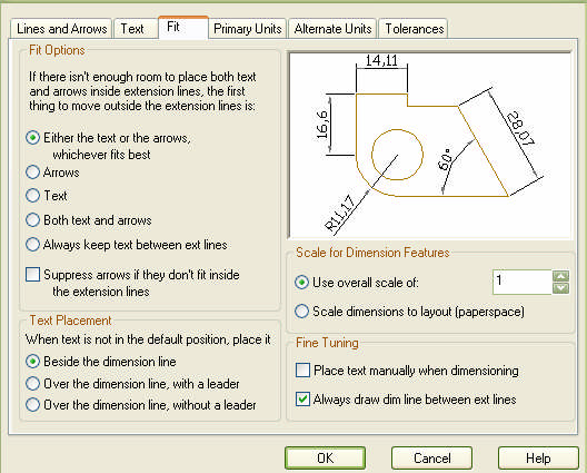 Şekil 3.20 Fit Options : Ölçü uzantı (bağlama) çizgileri arasındaki boşluğa bağlı olarak, yazı ok başlarının uzantı çizgileri içerisine veya dışarısına yerleşimini denetler.