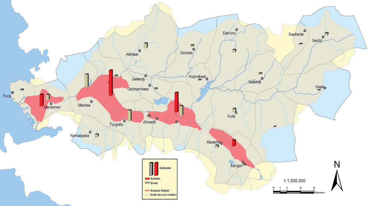 Bölgenin en verimli ovalarından olan Gediz Ovasında Menemen, kıyı kesimlerde Foça, Çiğli ve Karşıyaka yerleşmeleri yer almaktadır. Gediz sulaması Menemen ve çevresinde yayılım göstermektedir. (www.