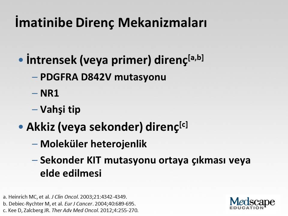 GİST'te standart birinci basamak imatinib tedavisine kinaz direnci mutasyonları içeren mutasyonlar vardır.