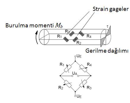 Şekil 15. Burulmaya maruz çubuk üzerindeki strain gagelerin konumları 6.2. Deneyin Yapılışı Burulma çubuğu Şekil 16 daki gibi çerçeveye yerleştirilir.