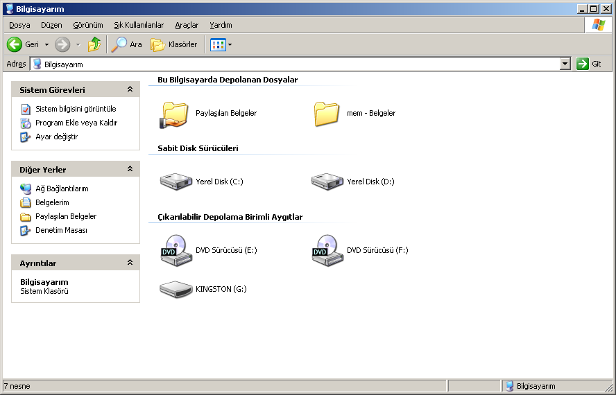 şekilde görülen C,D bilgisayarın sabit diskinin bölünmüş sürücüleri;e dvd sürücü,g ise flash disk tir.