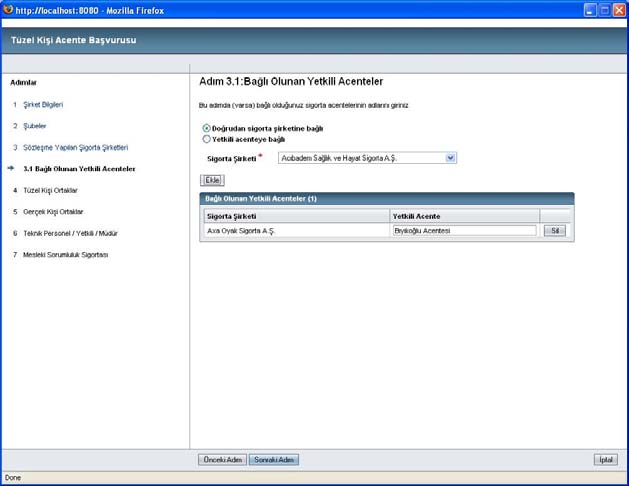 girileceği ekran gelecektir. Acentelik sözleşmelerine ilişkin bilgiler seçildikten sonra ekle düğmesine basılarak sözleşme bilgileri kayıt edilir.