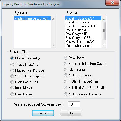 Şekil 43 Piyasa, Pazar ve Sıralama Tipi Seçim Ekranı Şekil 44 Opsiyon Ana Pazarı ve Vadeli İşlem Ana