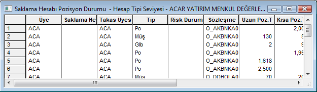 Hesap tipi kutucuğunda yer alan tipler harfler ile gösterilir.