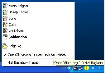Hızlı başlat düğmesinin kullanımı Hızlı başlat ikonun üzerinde sağ tıklayıp açılan pencereden istediğiniz bir OpenOffice.org programına tıklayarak programı çalıştırabilirsiniz.