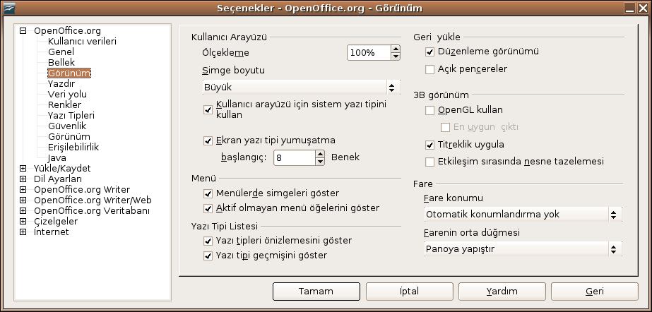 Görünüm Görünüm sekmesinde ki seçenekleri seçerek OOo un ve belgenizin nasıl değiştiğini görün. 1) Bu iletişim penceresi için OpenOffice.org > Görünüm sekmesini kullanın 2) OpenOffice.